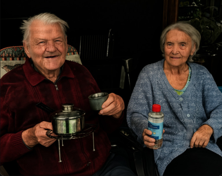 Andreas and Siegrun Leistikow with an emergency cooker and disinfectant