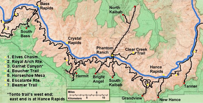 Map showing several Canyon trails
