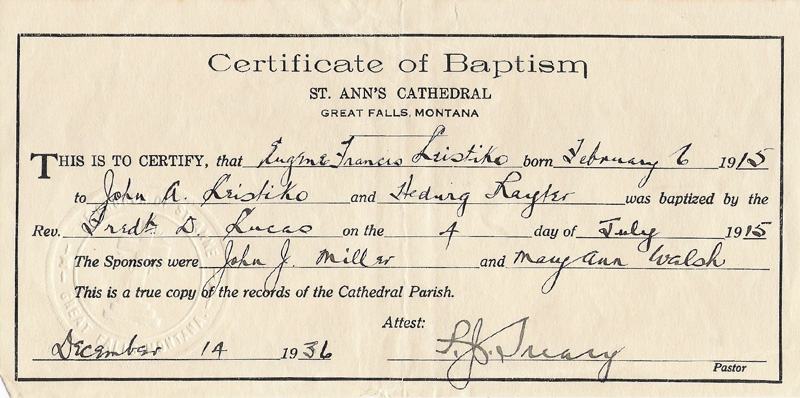 Eugene Leistiko Baptismal Certificate