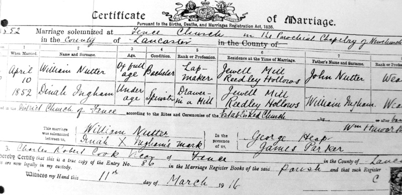 Wedding Certificate  of Willam Nutter and Dinah Ingham